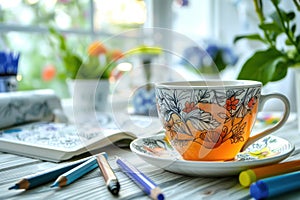 Ceramic Cup and Saucer with Floral Pattern on White Table with Coloring Book and Pencils