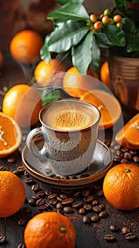 Ceramic cup of steaming coffee surrounded by oranges and coffee beans on a rustic table