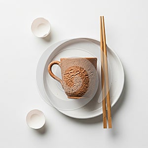 Ceramic cup with a textured surface sits on a white plate, accompanied b