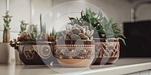 Ceramic decorative flower pots on a table in a cozy room.