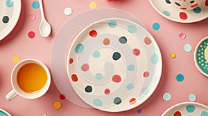 A ceramic dinner plate with a charming polka dot design that reveals a hidden rainbow of colors when served with a hot