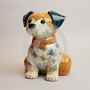 Ceramic Dog Coin Bank - Vibrant Cubism Style - Japanese Traditional Design