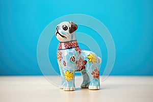 a ceramic dog figurine on an azure wholecloth