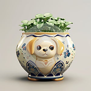 Ceramic Dog Figurine In Vray Tracing Style With Traditional Motifs