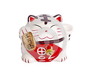 Ceramic doll Japanese welcoming lucky Cat. Maneki Neko :Japanese characters means good luck or fortune