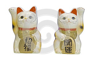 Ceramic doll Japanese welcoming lucky Cat.  Maneki Neko :Japanese characters means good luck or fortune