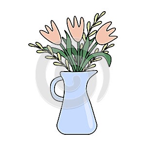 Ceramic or enamel jug with tulip bouquet, home interior design element, vector