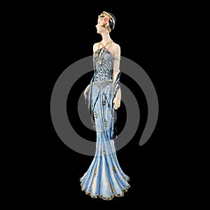 Ceramic figurine of a fantastic woman in a blue dress on a black background. porcelain antique figurine of a woman in retro clothe