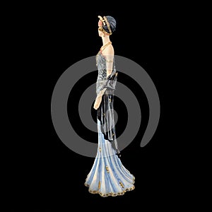 Ceramic figurine of a fantastic woman in a blue dress on a black background. porcelain antique figurine of a woman in retro clothe