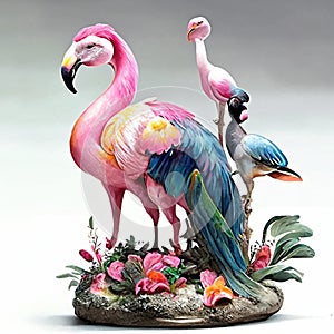 Ceramic figurine of a pair of flamingo and parrot AI Generated