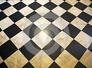 The ceramic floor is tiled in a checkerboard pattern