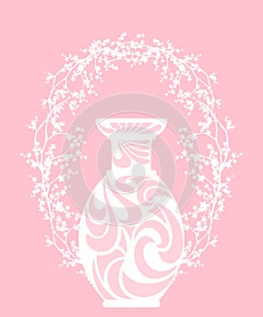 ceramic flower vase inside spring sakura blossom frame vector silhouette