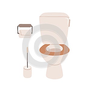 Ceramic flush with seat and tank, toilet paper holder, closet brush in WC. Clean lavatory, loo and hygiene sanitary photo