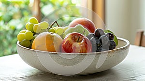A ceramic fruit bowl with a thick rim and smooth finish perfect for holding a bountiful display of ripe fruits.