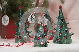 Ceramic green Christmas tree candle holders. New year gift