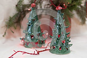 Ceramic green Christmas tree candle holders. New year gift