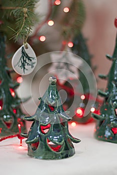 Ceramic green Christmas tree candle holders. New year gift