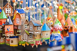 Ceramic hanging bells in the handicraft mart Kaziukas, Vilnius, Lithuania