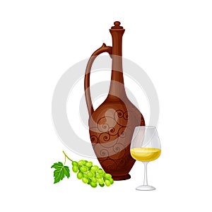 Ceramic Jar with Wine and Grape Cluster as Georgia Country Attribute Vector Illustration