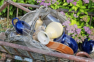 Ceramic jugs in wooden cart and flowering shrub, Lubietova, Slovakia