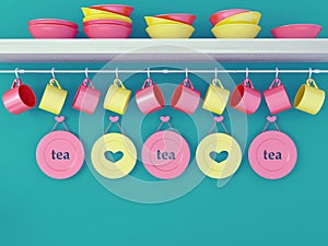 Ceramic kitchenware on the shelf.