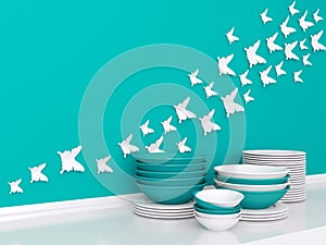 Ceramic kitchenware on the shelf.