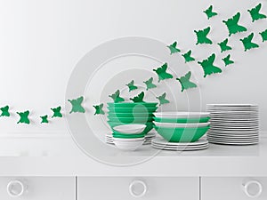 Ceramic kitchenware on the shelf.