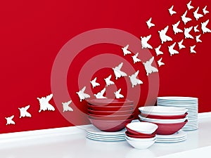 Ceramic kitchenware on the shelf.