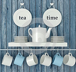 Ceramic kitchenware on the shelf.