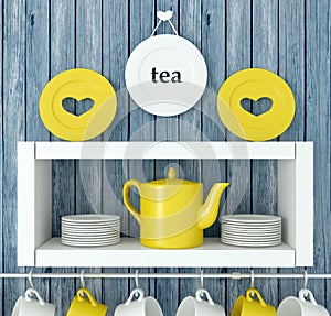 Ceramic kitchenware on the shelf.