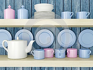 Ceramic kitchenware on the shelf.