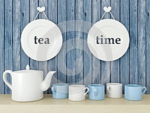 Ceramic kitchenware on the shelf.