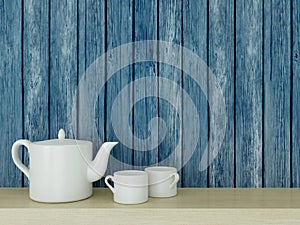 Ceramic kitchenware on the shelf.