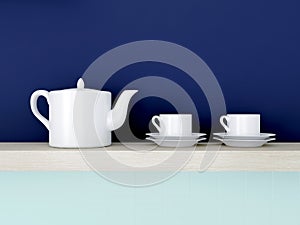 Ceramic kitchenware on shelf.