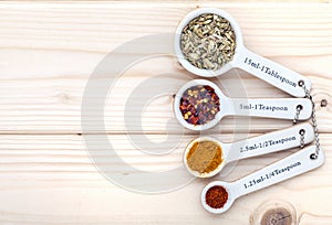 Ceramic measurement spoons filled with various spices on a pinewood background