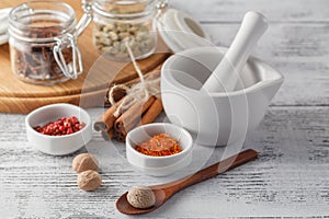 Ceramic Mortar with Pestle and fresh spices