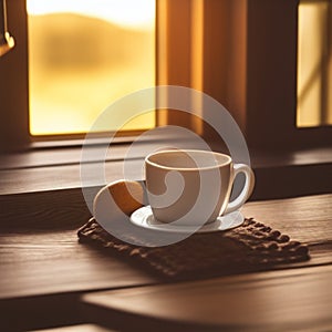 Ceramic mug with biscuit near a window during magic hour