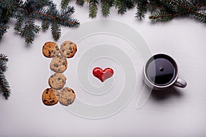 Ceramic Mug coffee, chocolate chip cookies, white board