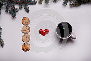 Ceramic Mug coffee, chocolate chip cookies, white board