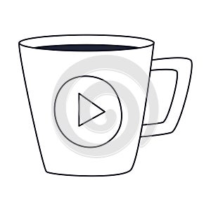 Ceramic mug of coffee, tea. Cup of hot drink. Outline doodle. Black and white vector illustration isolated on white