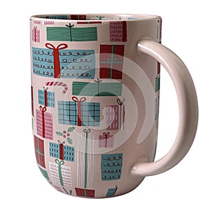 Ceramic mug with festive Christmas gift box pattern, isolated on white. seasonal design, hot drinks, or holiday illustrations.