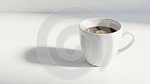 Ceramic mug filled with black coffee is placed on a smooth white