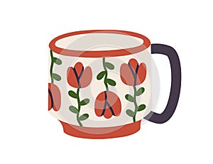 Ceramic mug with flower pattern. Modern tea and coffee cup painted and decorated with floral print. Beautiful teacup