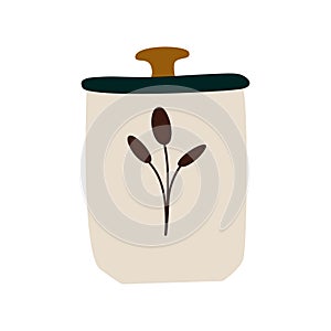 Ceramic mug with hot drink and lid. A porcelain cup with tea or coffee. Vector illustration in a flat cartoon hand-drawn