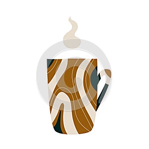 Ceramic mug with a hot drink. A porcelain cup with tea or coffee with smoke or steam. Vector illustration in a flat