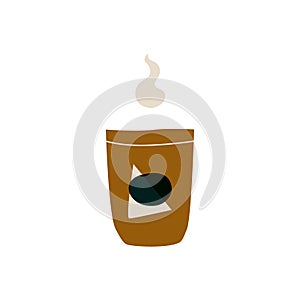 Ceramic mug with a hot drink. A porcelain cup with tea or coffee with smoke or steam. Vector illustration in a flat