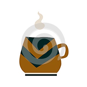 Ceramic mug with a hot drink. A porcelain cup with tea or coffee with smoke or steam. Vector illustration in a flat