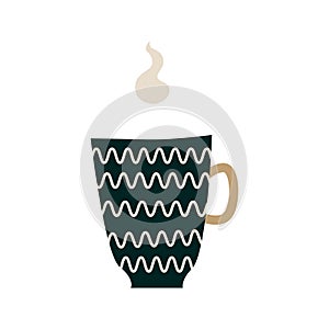 Ceramic mug with a hot drink. A porcelain cup with tea or coffee with smoke or steam. Vector illustration in a flat