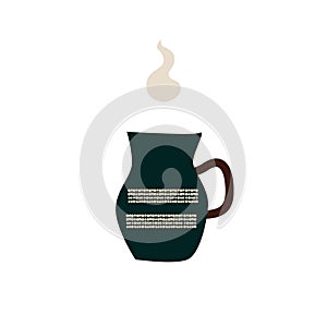 Ceramic mug with a hot drink. A porcelain cup with tea or coffee with smoke or steam. Vector illustration in a flat