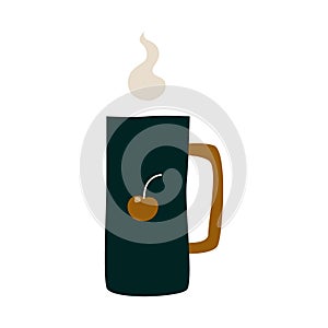 Ceramic mug with the image of a charry with a hot drink. A porcelain cup with tea or coffee with smoke or steam. Vector